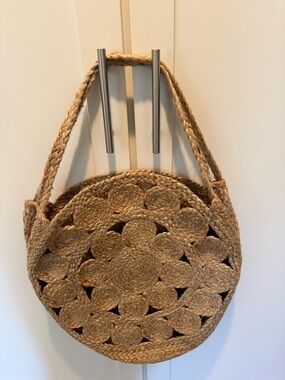 MNG Round Woven Straw Tote Bag in Natural